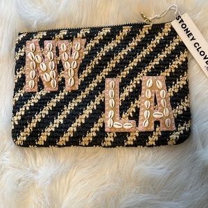 Stoney Clover Lane raffia flat pouch with shell stitched letters